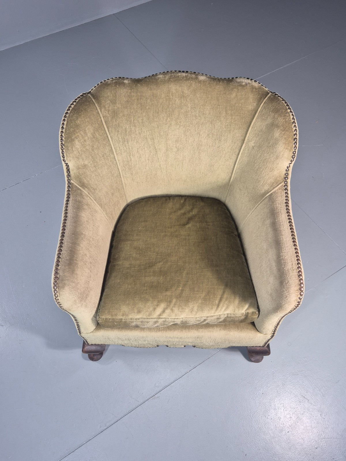 Danish Deco Lounge Chair 1930s Green Velour Stud Work Cabriole Leg EB11298 VCLO2