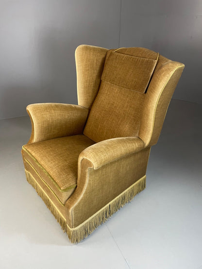 Vintage Danish Wingback Armchair Olive Green Tassel Trim 1950s 1960s VCLO EB48944