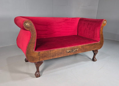 Vintage Antique Scroll End Settee Ball Claw Feet Red Velour 1900s EB7920 V2SS0