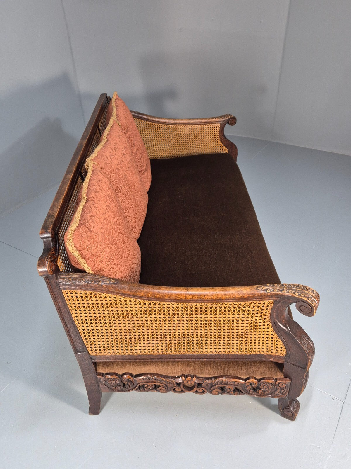 Vintage Danish 1920s Carved Oak Sofa Bergere Brown Velour Antique EB9544 V3SS - UKDK FURNITURE