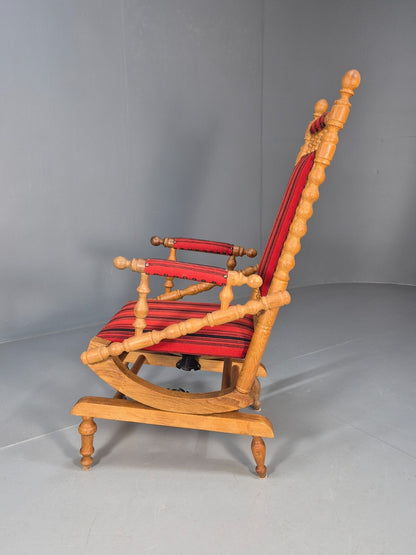 Vintage Danish Rocking Chair Oak Frame Red Stripe American Style EB9375 VCAR - UKDK FURNITURE