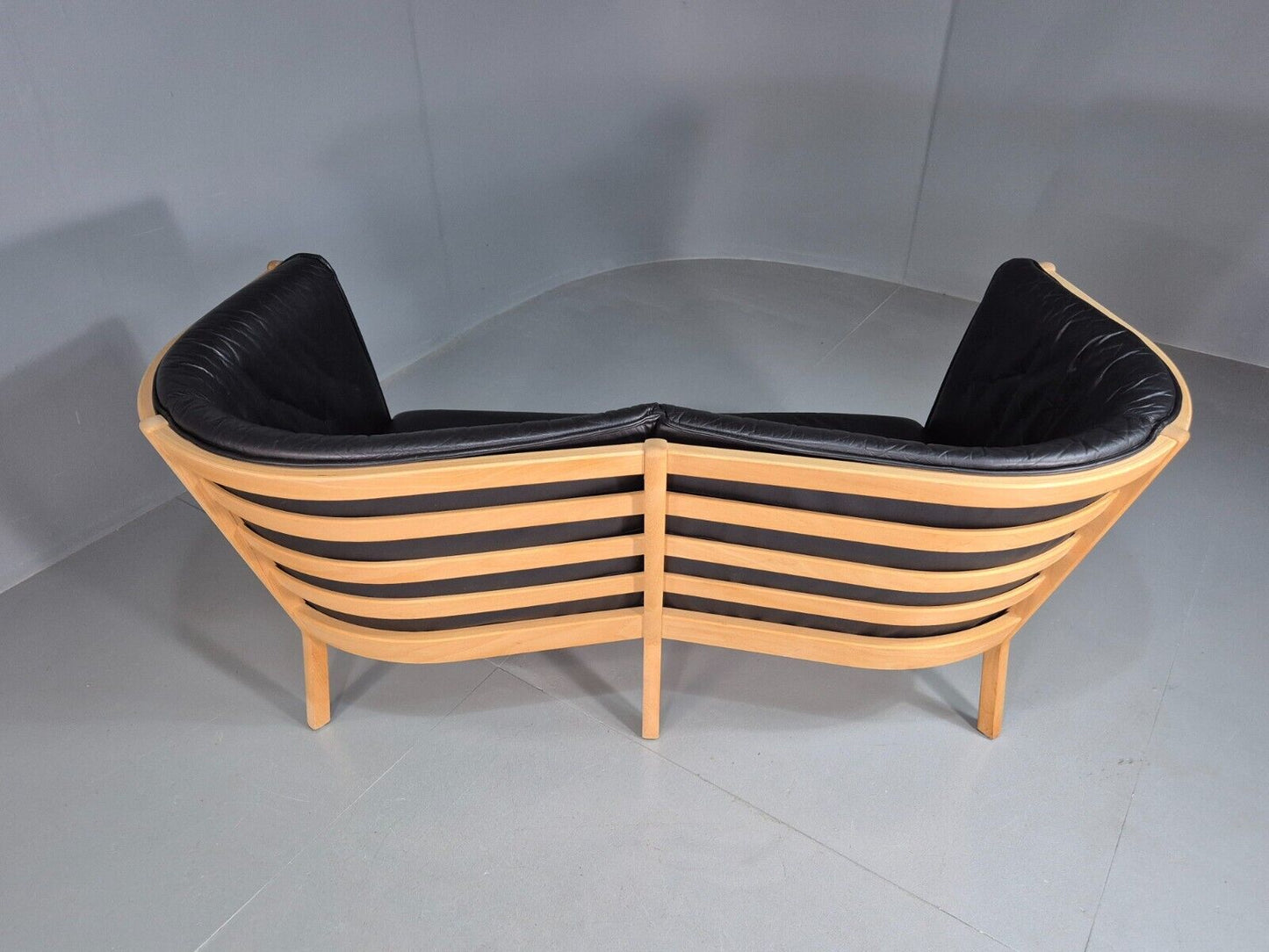 Vintage Danish 2 Seat Sofa Black Leather Beech Stouby Retro MCM EB7447 M2SS - UKDK FURNITURE