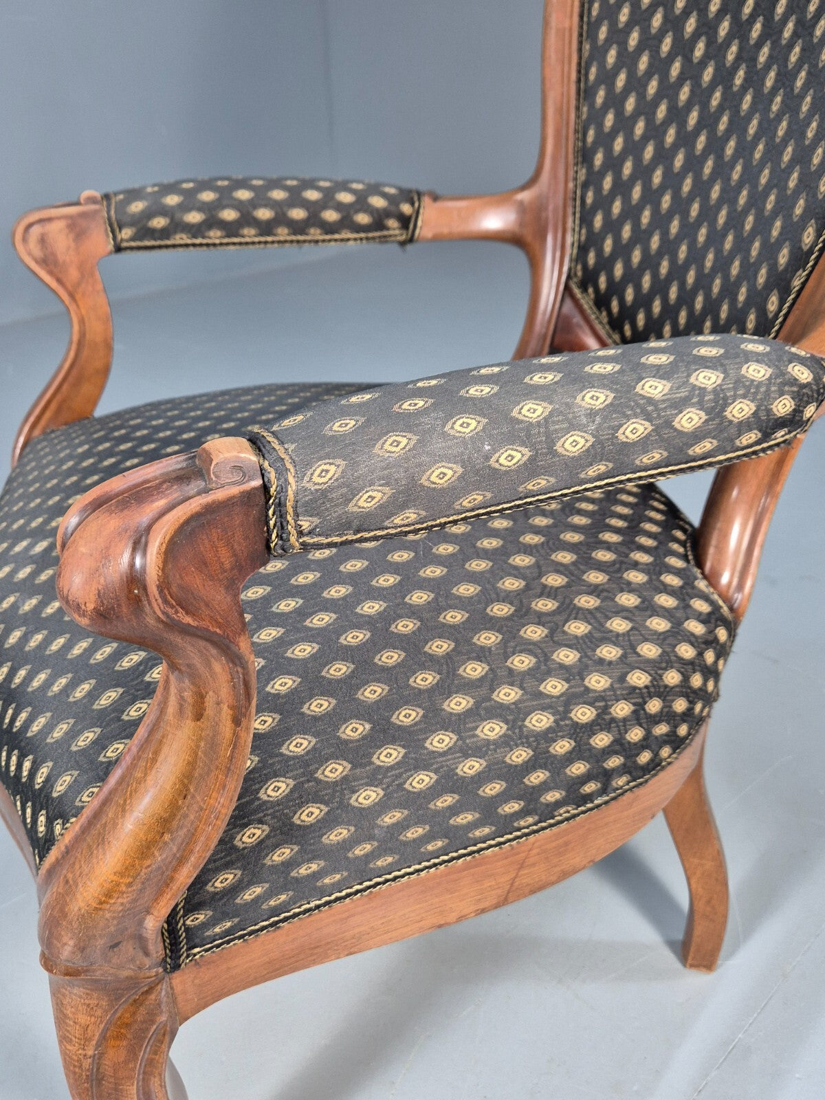 Antique Mahogany Armchair Black Pattern Fabric Louis XV Style EB9552 VCLO - UKDK FURNITURE