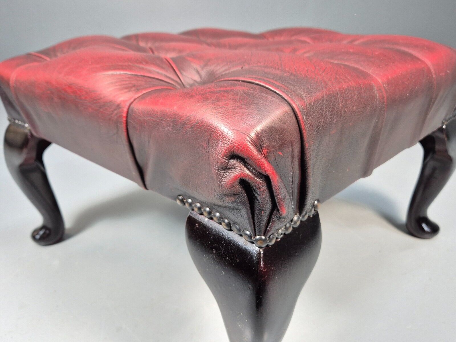 Vintage Red Leather Chesterfield Queen Anne Style Footstool Retro EB9389 VWOO - UKDK FURNITURE