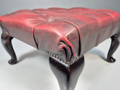 Vintage Red Leather Chesterfield Queen Anne Style Footstool Retro EB9389 VWOO - UKDK FURNITURE