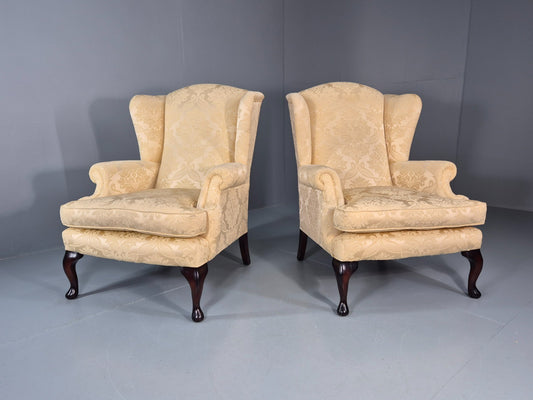 Georgian Style Wingback Armchairs Pair Gold Floral Fabric EB10934 VCLO0