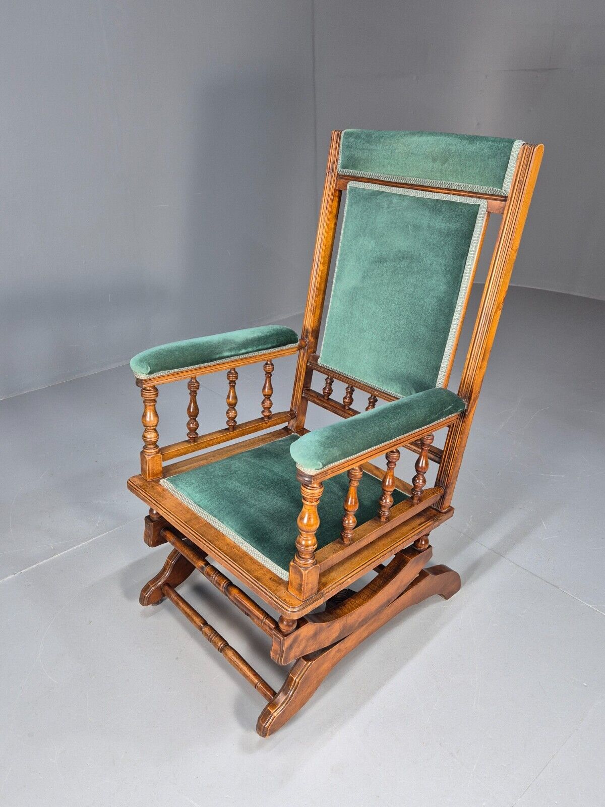 An Edwardian Mahogany Rocking Chair American Style Green Velvet EB9386 VCLO - UKDK FURNITURE