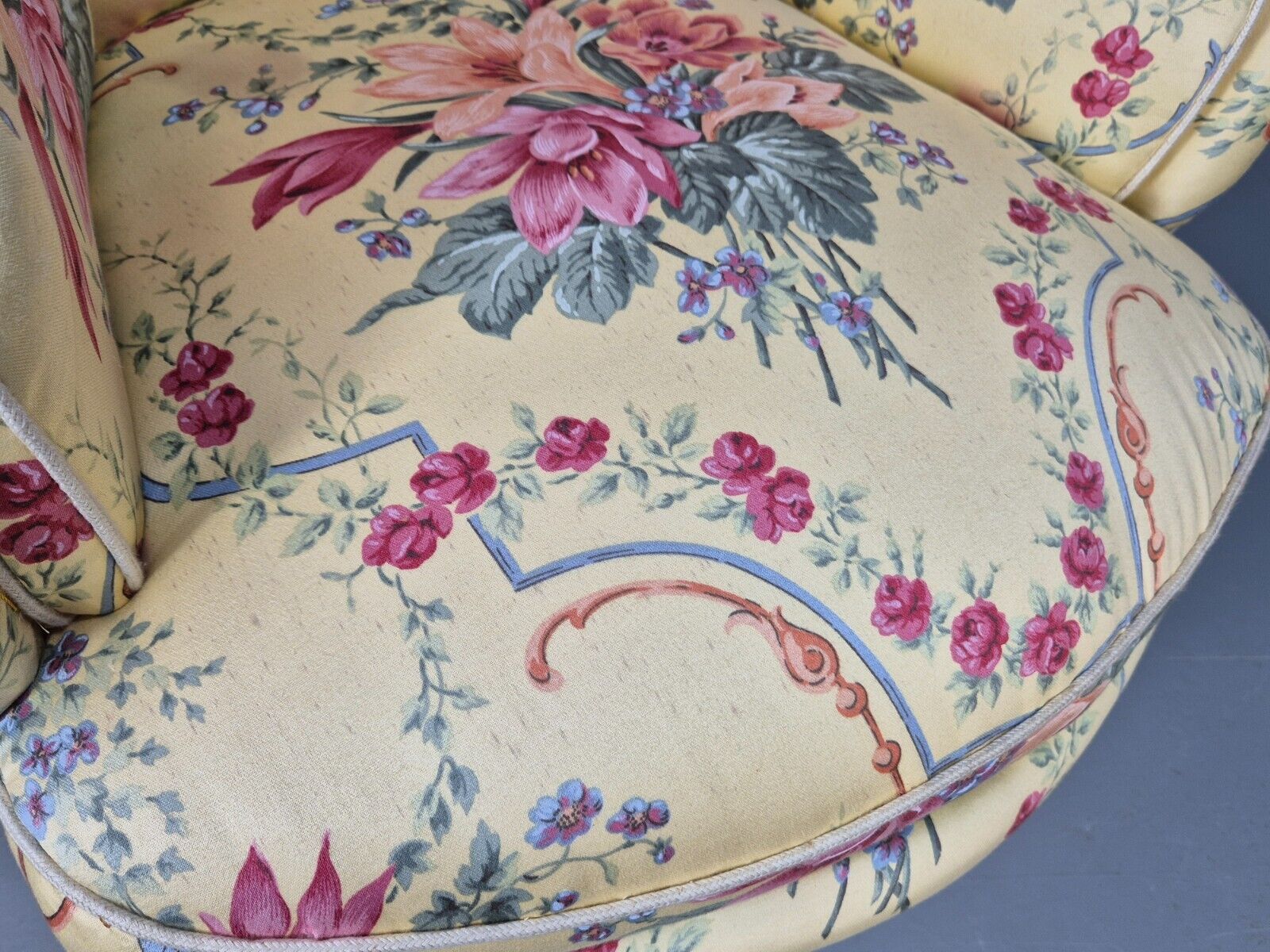 Pair Vintage Danish Floral Print Antique Tub Chairs Walnut Legs EB9012 VCLO - UKDK FURNITURE