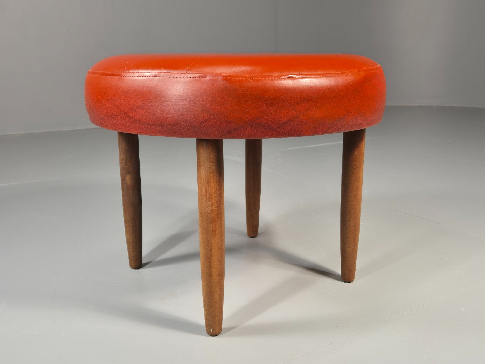 Mid Century Circular Footstool Red Vinyl Teak Legs 1960s Danish EB10882 MFOO4