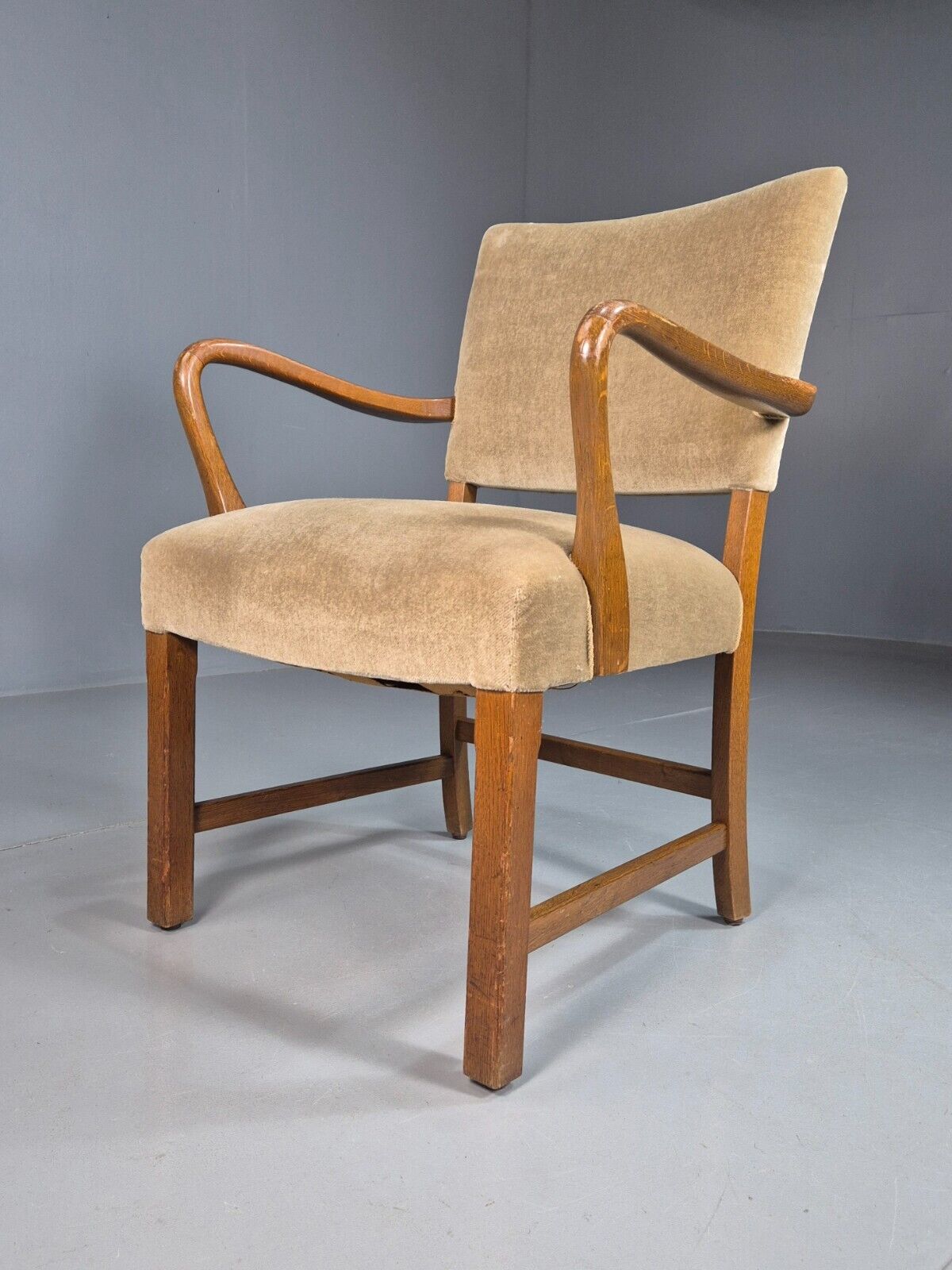 Vintage Danish Oak And Light Green Velour Elbow Chair EB8010 VDIN - UKDK FURNITURE