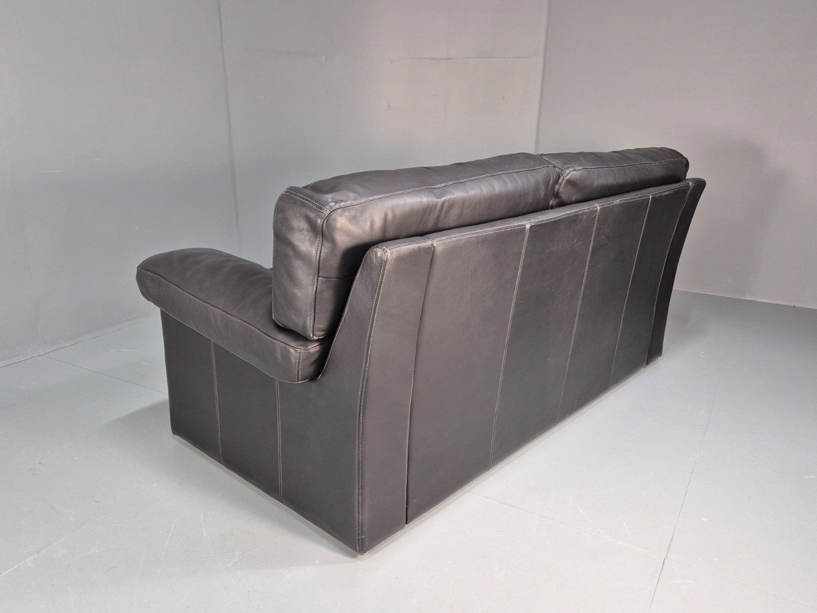 1980s Two Seater Sofa Faded Black Leather Boxy Style Retro Danish EB10714 M2SS16