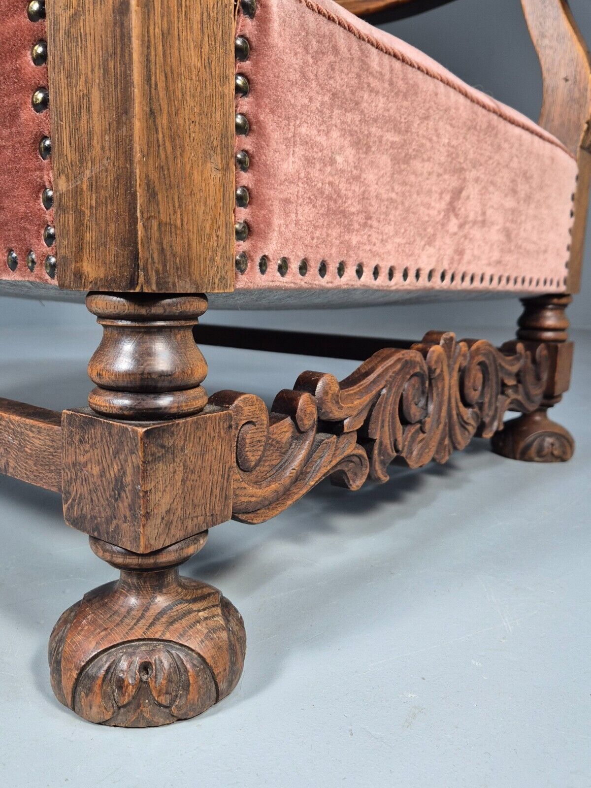 Vintage Danish Lounge Chair Pink Peach Velour Oak 17th Century Style EB8985 VCLO - UKDK FURNITURE
