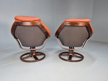 2 Vintage Danish Tan Leather Lounge Chairs Swivel Base MCM Retro EB9299 MSWI - UKDK FURNITURE