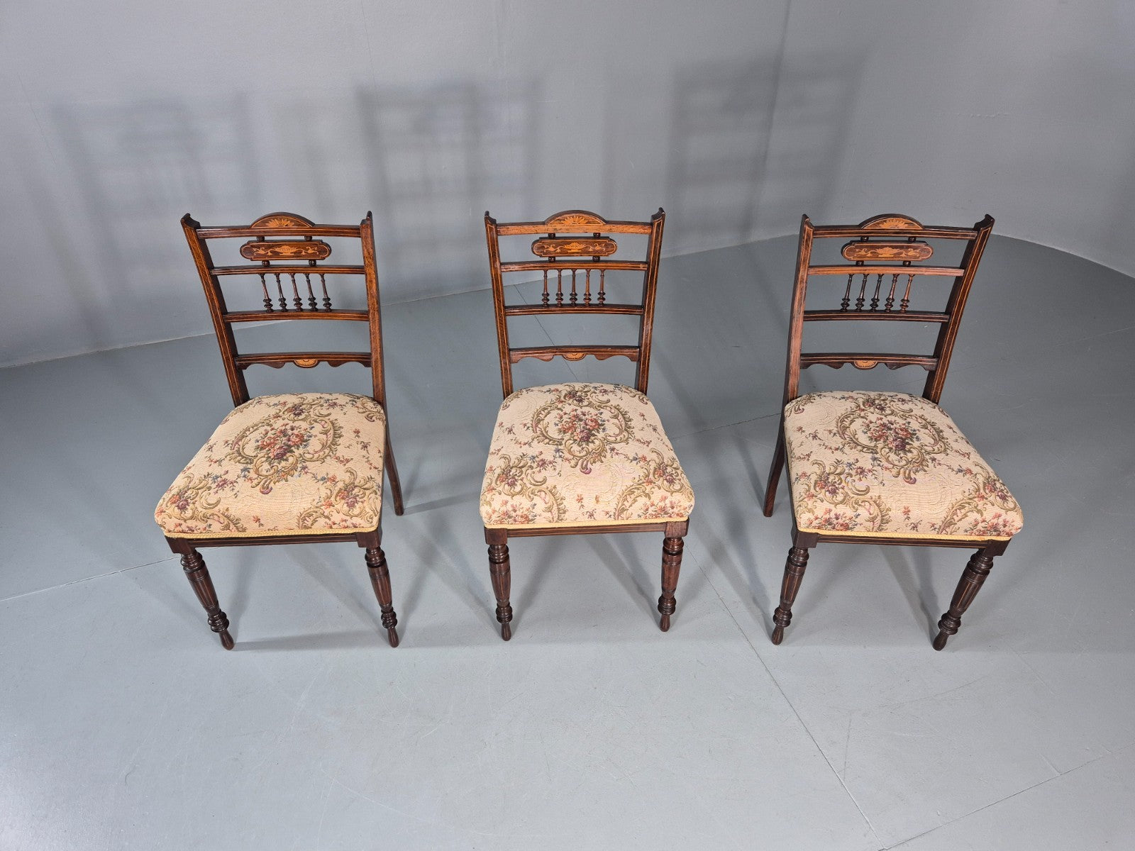3 Antique Saloon Chairs Rosewood Frame Floral Seats Inlay Victorian EB10990 VDIN3