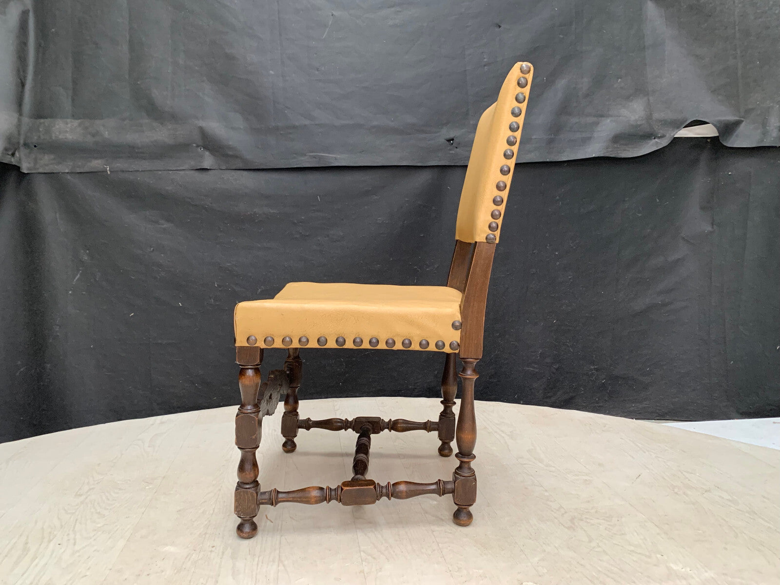 Danish Carved Dining Chair Studded Oak  with Tan Vinyl Vintage EB2915 VDIN3