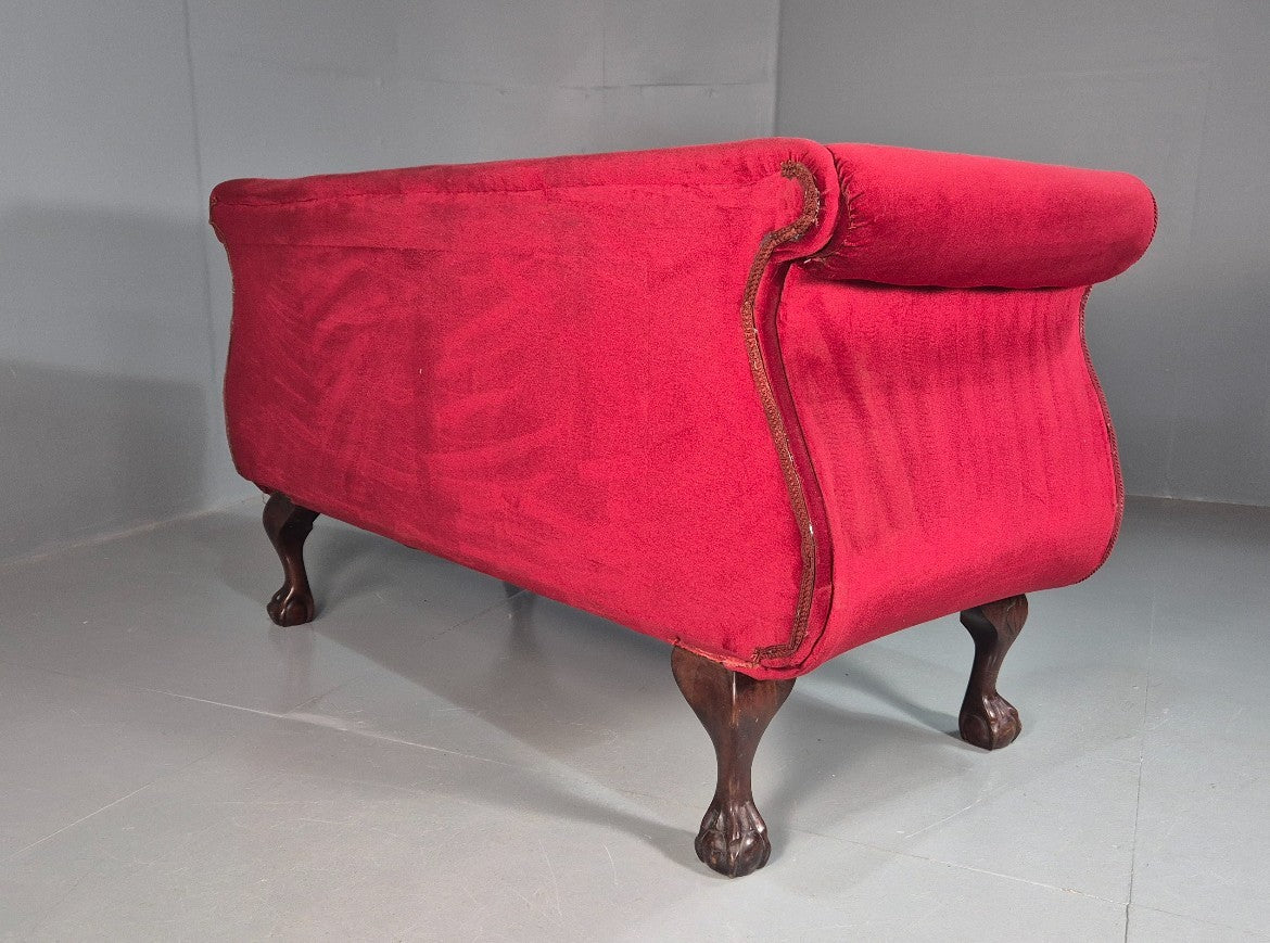 Vintage Antique Scroll End Settee Ball Claw Feet Red Velour 1900s EB7920 V2SS12