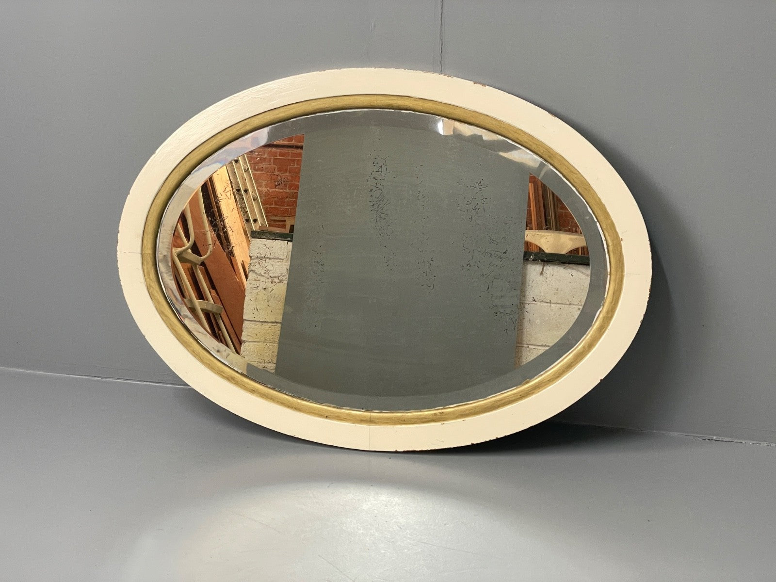 Antique Oval Wall Mirror White & Gold Painted Bevelled Patina EB11051 MWOO8