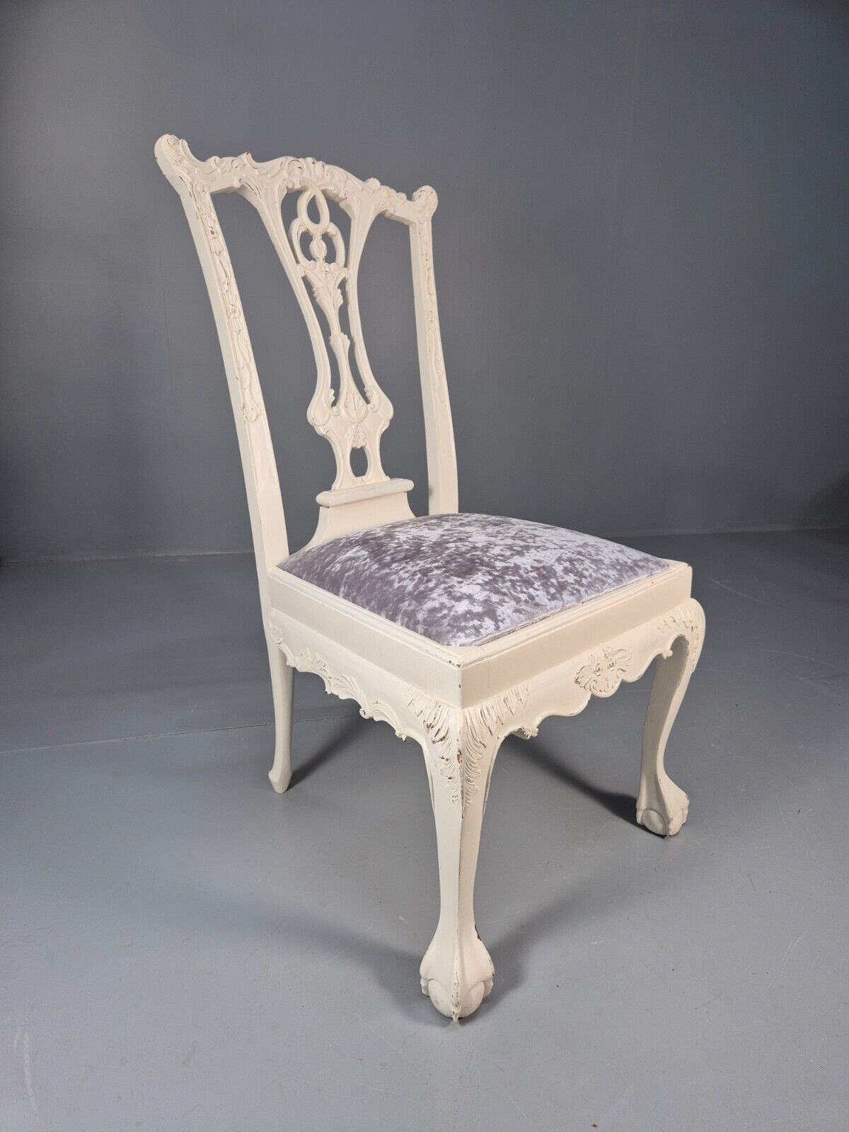6 Vintage Chippendale Style Chairs White Painted Blue Chenille 1950s EB9394 VDIN - UKDK FURNITURE