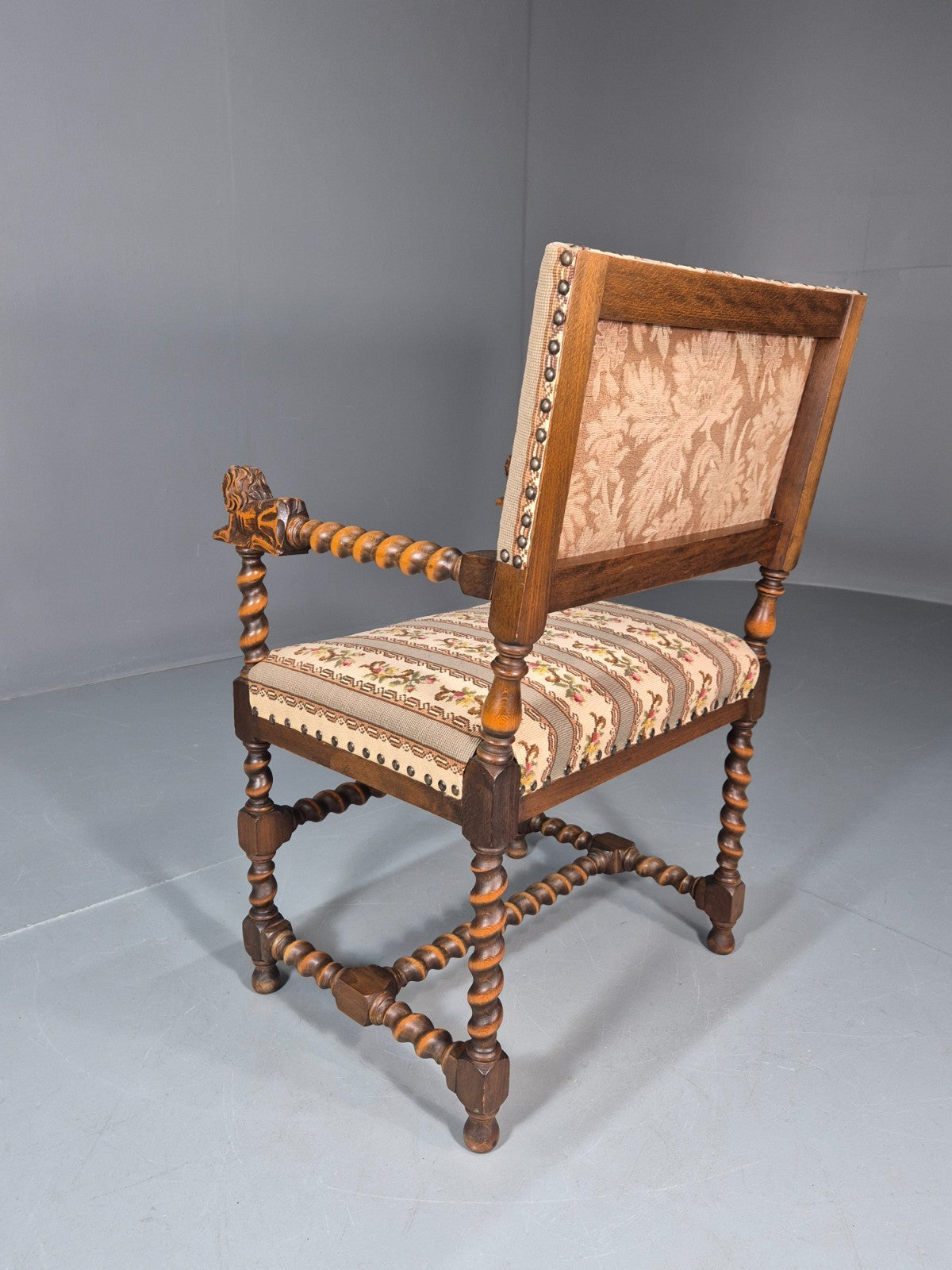 17th Century Style Carved Chair Lions Arms Barley Twist Frame 1960 EB10774 VCAR8