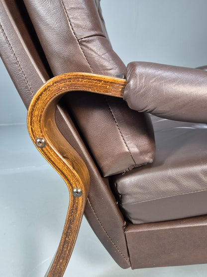 Vintage Danish Brown Leather Lounge Chair Bentwood Frame 1970s Retro EB9287 MNOR - UKDK FURNITURE