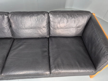 Vintage Stouby 3 Seat Sofa Danish Black Leather Beech End 1980s EB10556 M3SS6