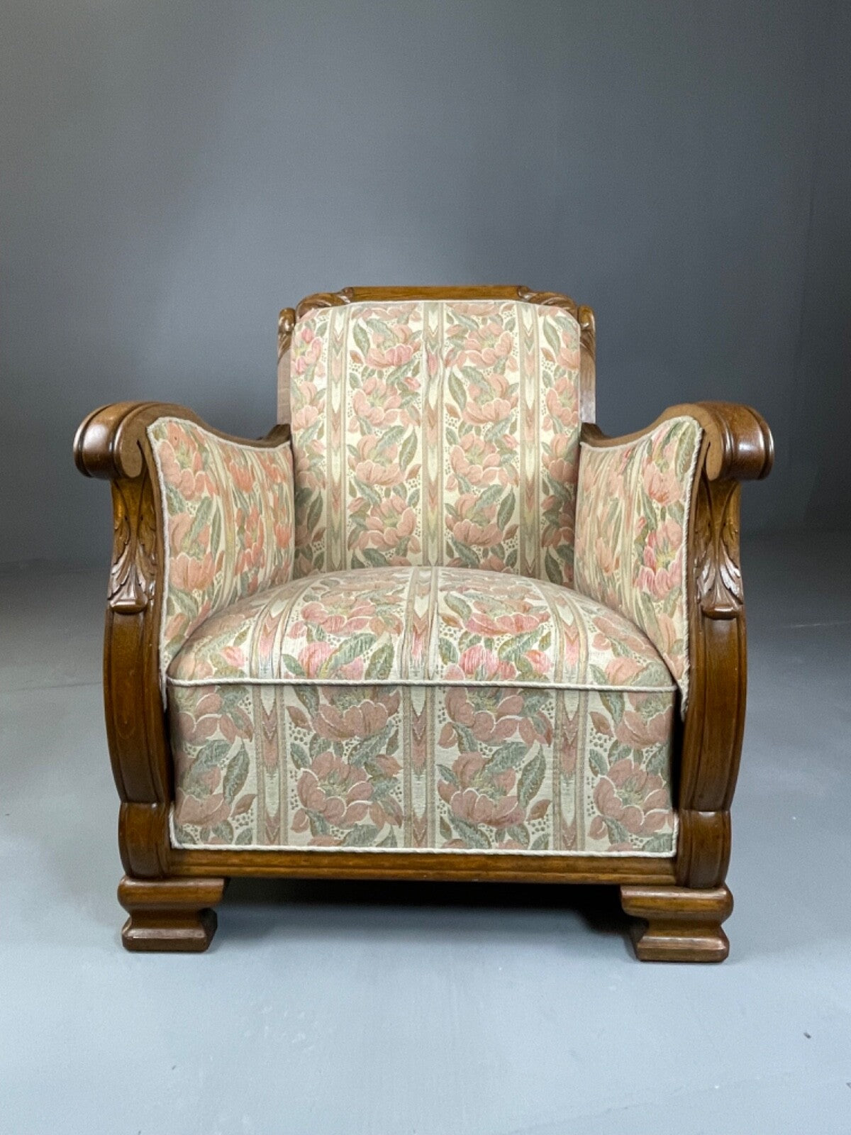 Danish Upholstered Armchair Circa 1930s Oak Framed Floral Retro EB4510 VCAR2