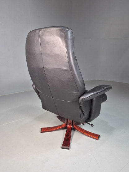 Vintage Danish Swivel Lounge Chair Black Leather Recline 1980 Retro EB8249 MSWI - UKDK FURNITURE