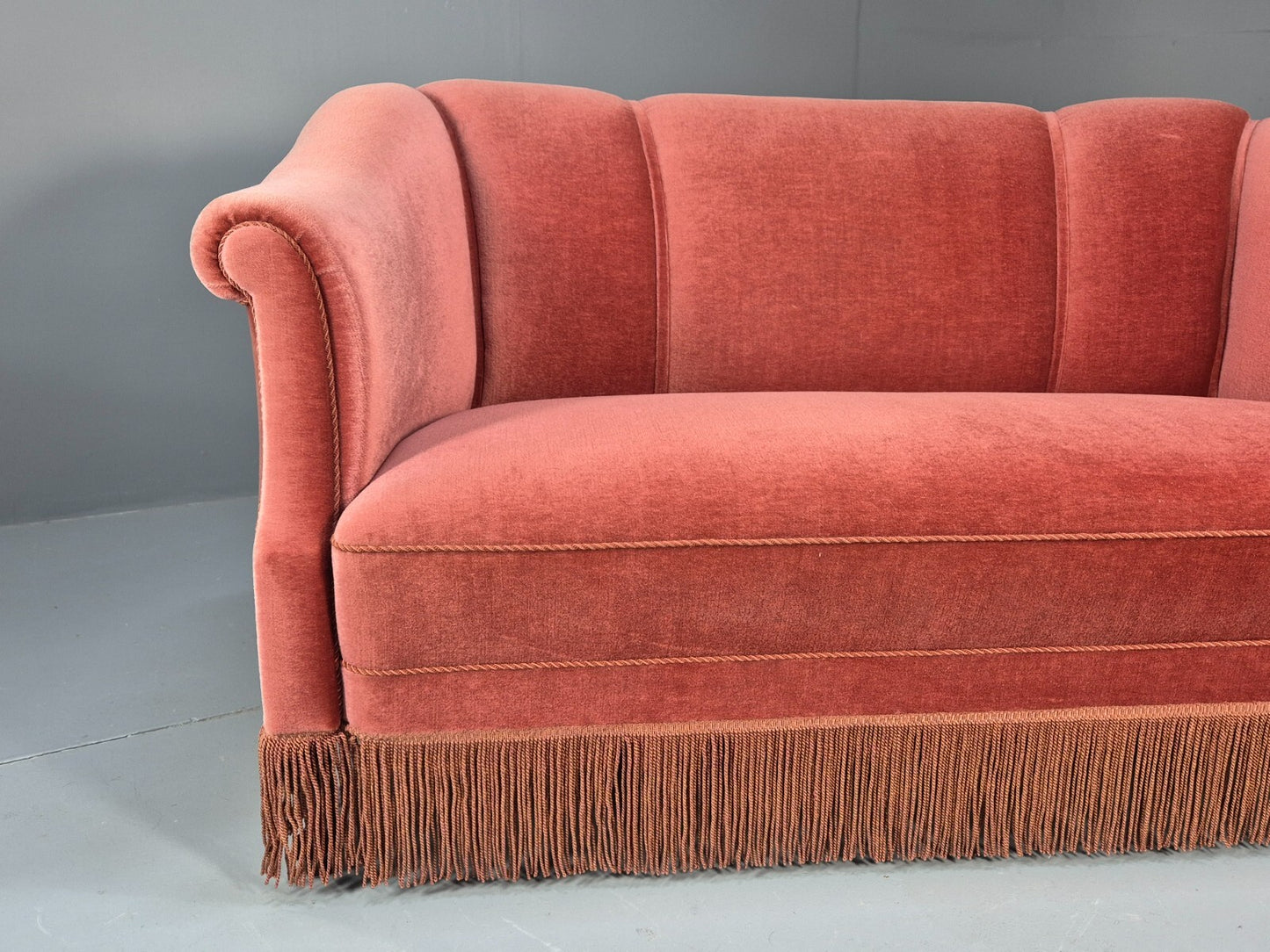 Vintage Art Deco Danish 2 Seat Sofa Pink Velour Tassels 1940s EB9666 V2SS - UKDK FURNITURE