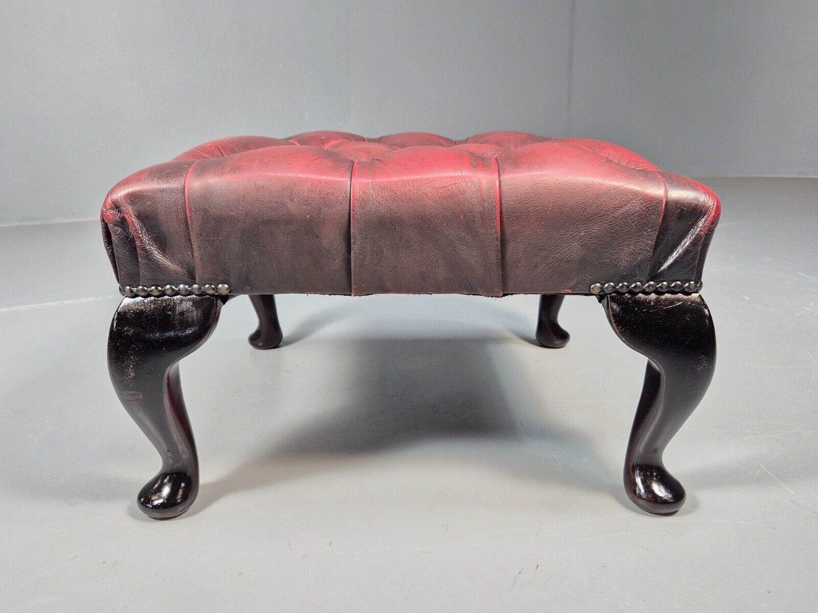 Vintage Red Leather Chesterfield Queen Anne Style Footstool Retro EB9389 VWOO - UKDK FURNITURE