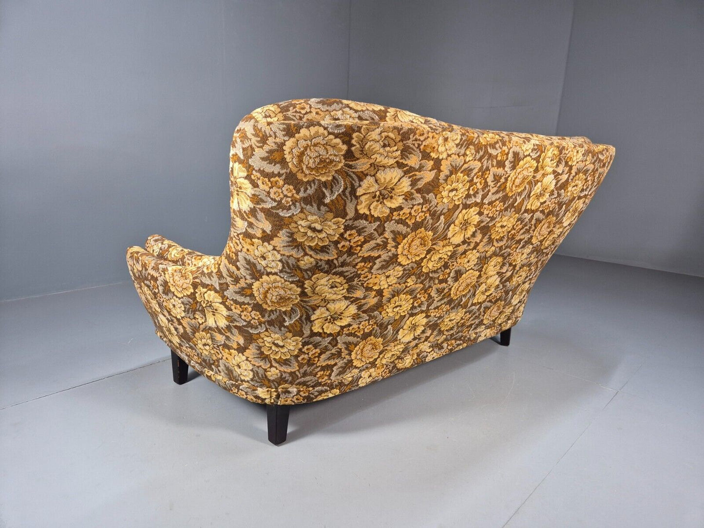 Vintage Danish 2 Seat Sofa Brown Yellow Floral Curved Form Retro MCM EB8949 M2SS - UKDK FURNITURE