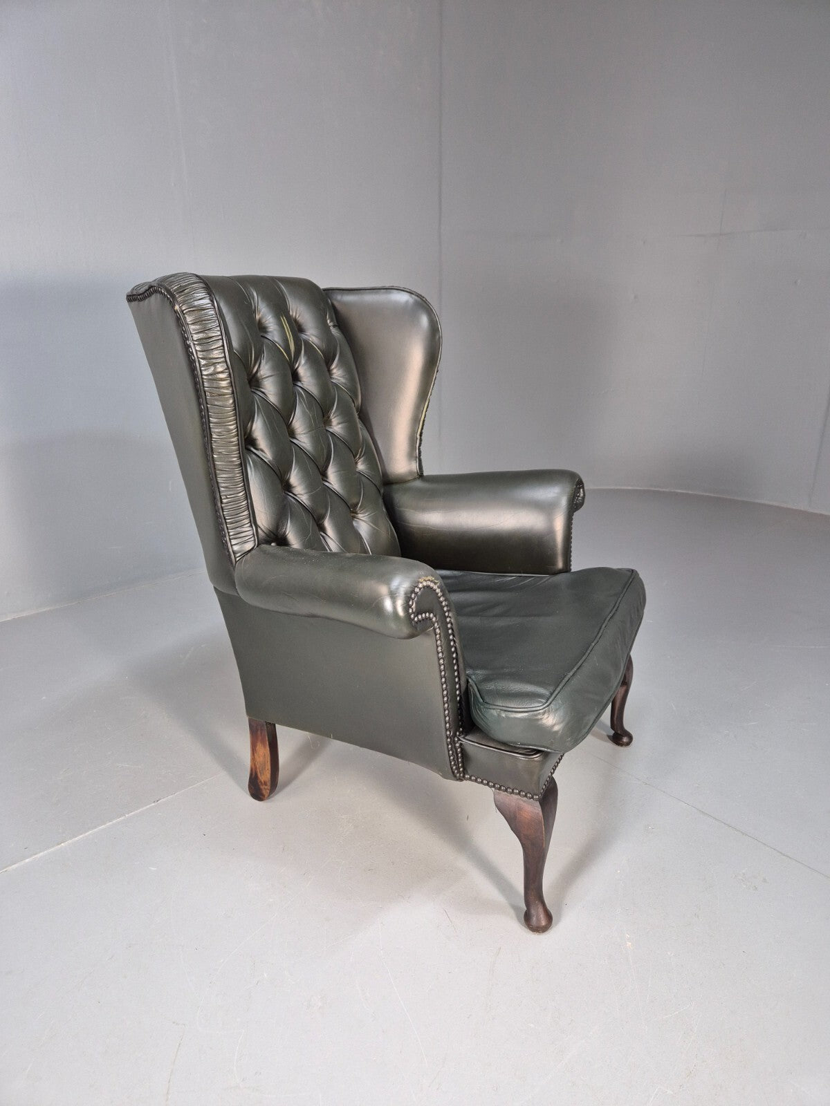 Vintage Chesterfield Armchair Green Leather Pleated Button Back EB9485 VLEA - UKDK FURNITURE