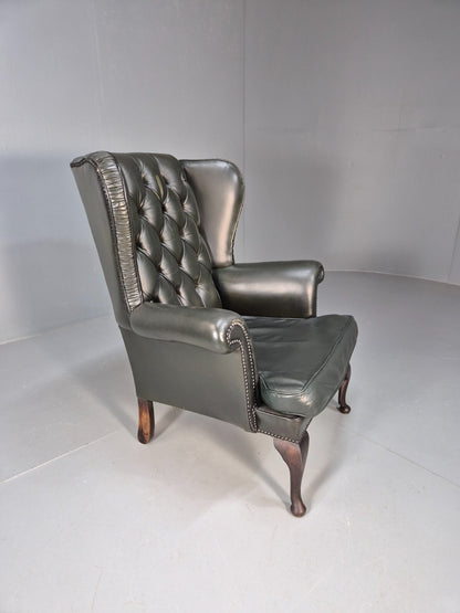 Vintage Chesterfield Armchair Green Leather Pleated Button Back EB9485 VLEA - UKDK FURNITURE