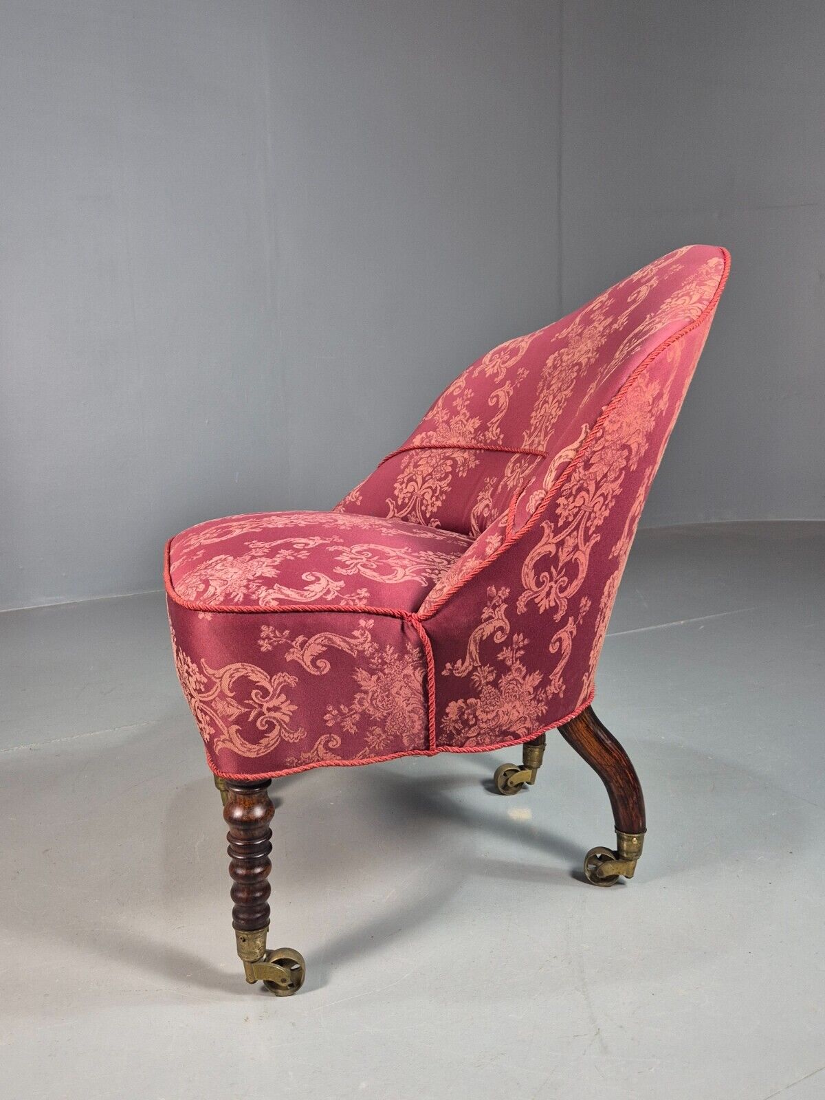 Antique Danish Occasional Chair Pink Satin Floral Motif Oak Brass EB8051 VCLO - UKDK FURNITURE