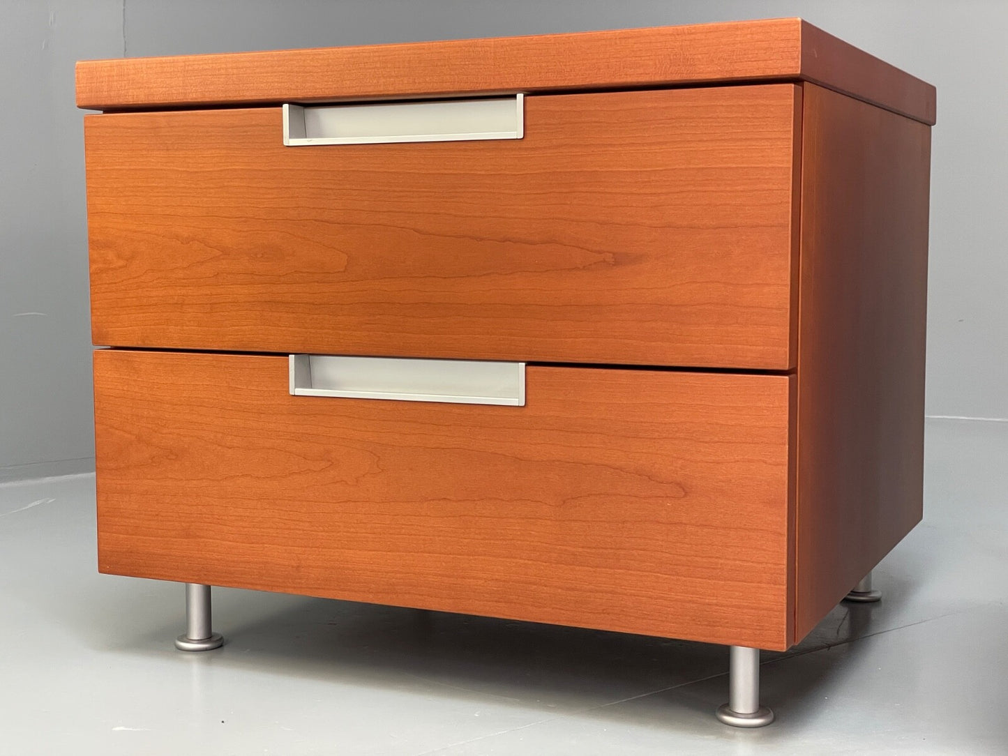 Vintage Pair Bedside Tables Cherry Wood Aluminium 1980s Drawers EB9819 MWOO - UKDK FURNITURE