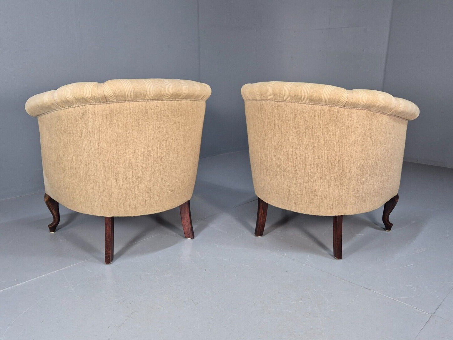 2Pair of Vintage Antique Danish Tub Chairs Beige Cream Stripes 1930s EB9049 VCLO - UKDK FURNITURE