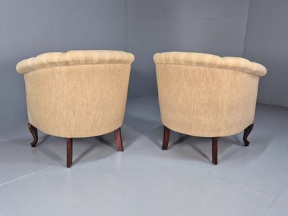 2Pair of Vintage Antique Danish Tub Chairs Beige Cream Stripes 1930s EB9049 VCLO - UKDK FURNITURE