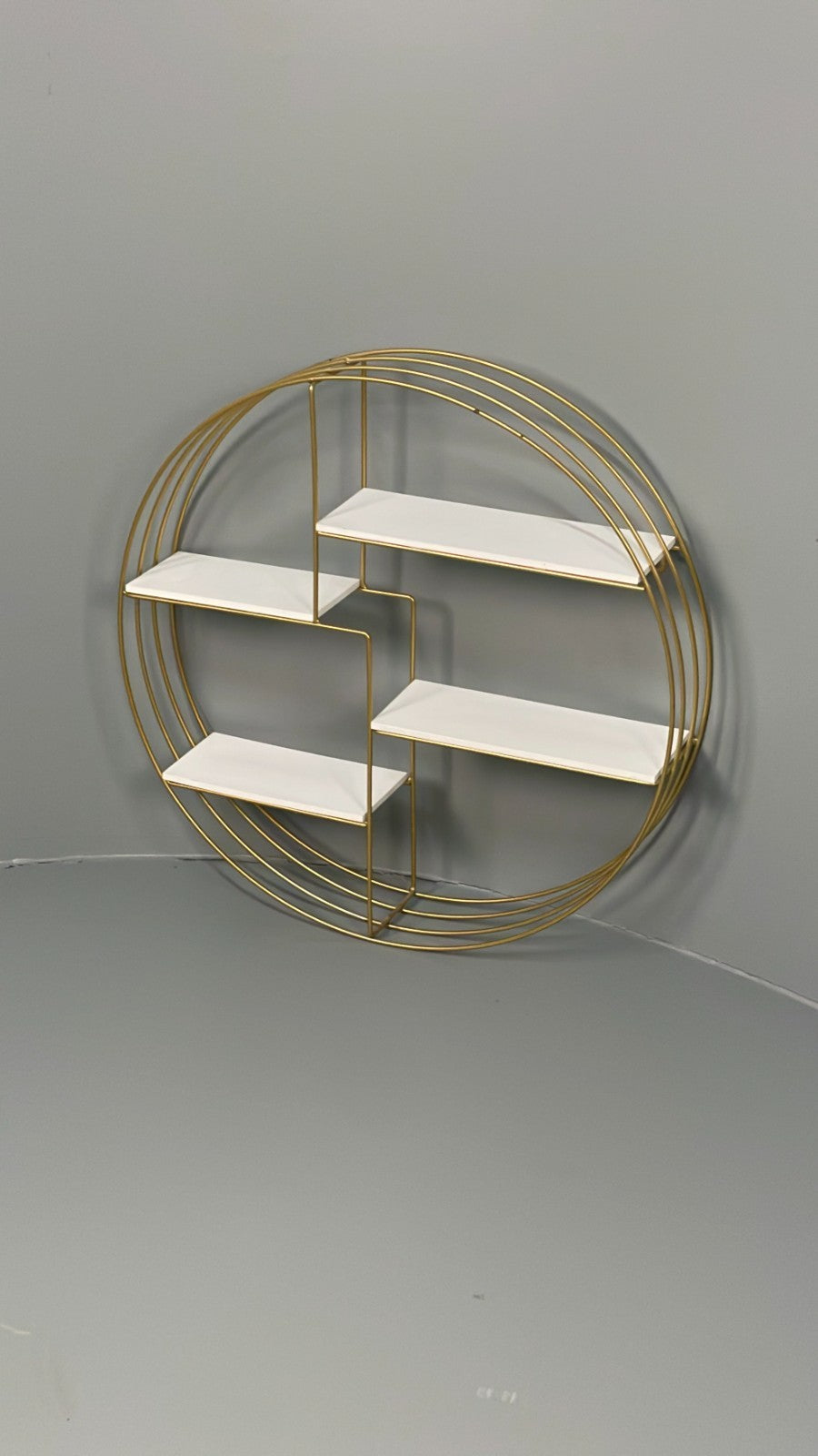 Vintage 1960s Round Shelving Wall Mounted Gold & White Wire Framed EB11491 MWOO0