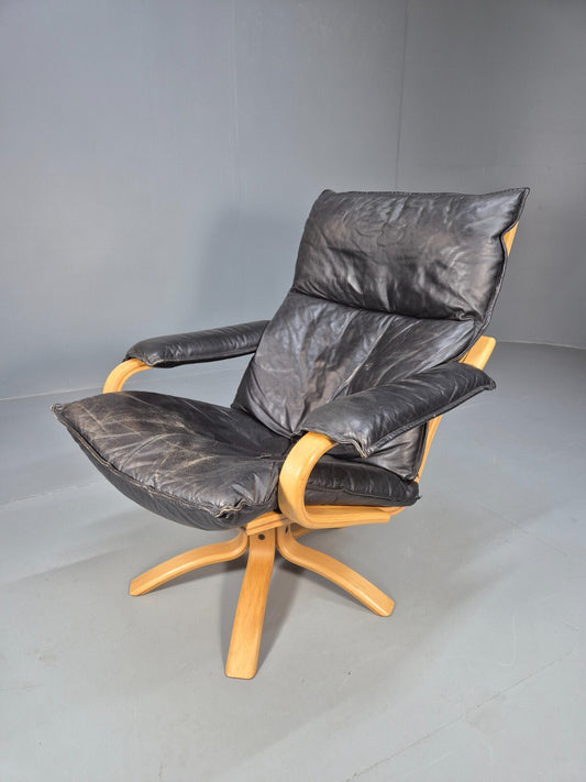 Vintage Danish Leather Swivel Armchair 1980s Blonde and Black Retro EB9298 MSWI - UKDK FURNITURE