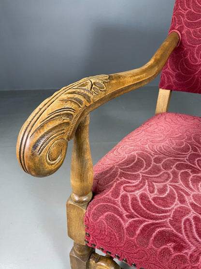 Vintage Danish Lounge Chair Oak Red Moquette 17th Century Style EB6942 VCLO - UKDK FURNITURE