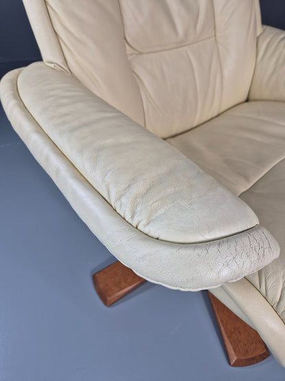 Vintage Swivel Recline Lounge Chair Danish Cream Leather 1990s EB11433 MSWI13