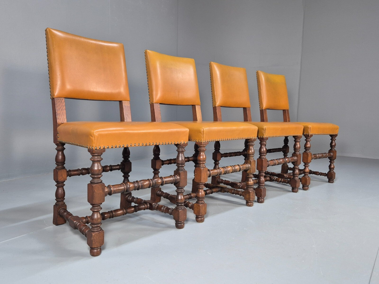 Vintage Tan Leather Dining Chairs Oak Frames 1950s Danish Design EB9660 VDIN - UKDK FURNITURE