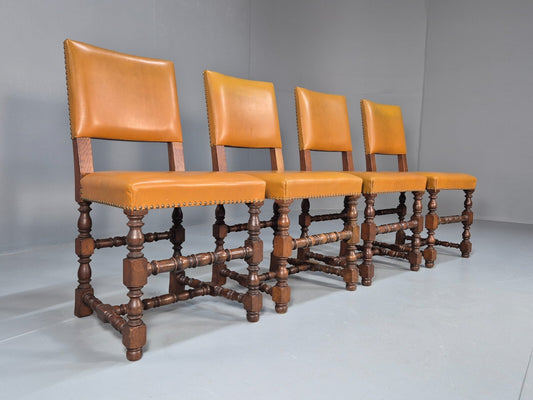 Vintage Tan Leather Dining Chairs Oak Frames 1950s Danish Design EB9660 VDIN - UKDK FURNITURE