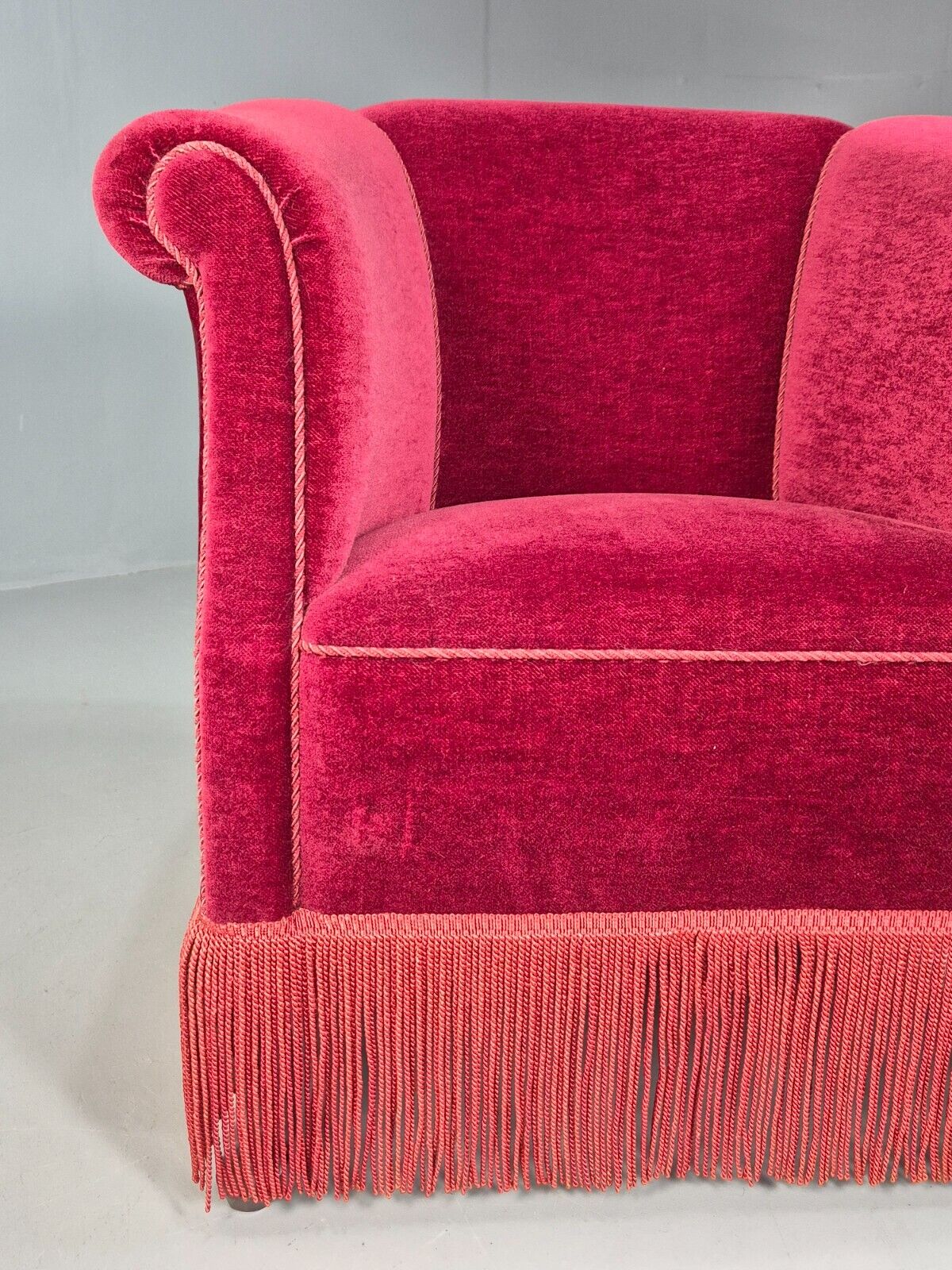 Vintage Danish Red Velour Tub Chair With Tassels Cabriole Legs EB8013 VCLO - UKDK FURNITURE