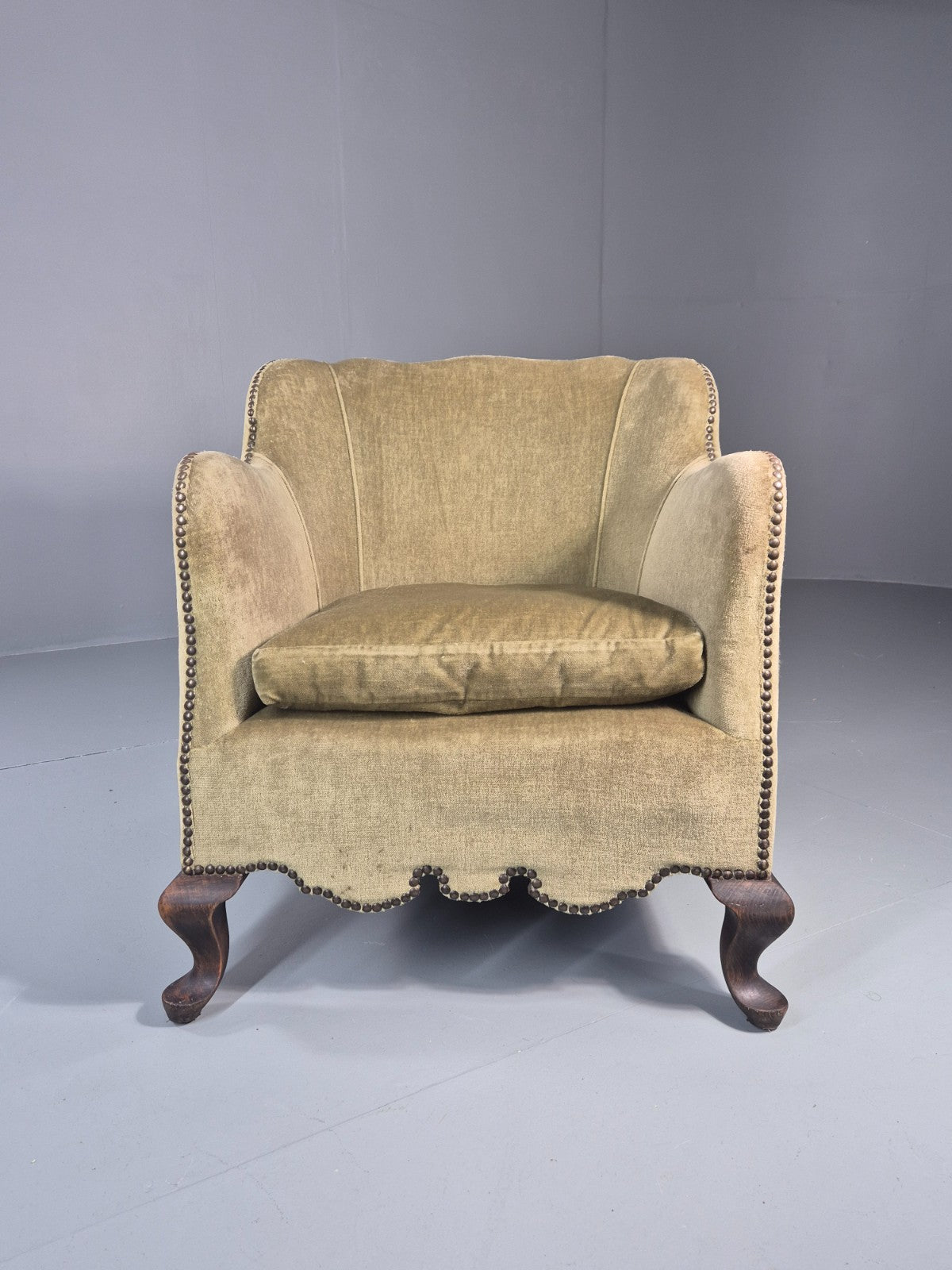 Danish Deco Lounge Chair 1930s Green Velour Stud Work Cabriole Leg EB11298 VCLO3