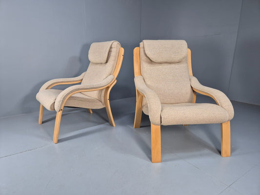 Bentwood Lounge Chairs Pair Oatmeal Fabric Beech Wood Danish Design EB9251 MBEN - UKDK FURNITURE