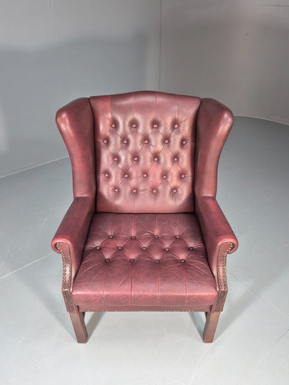 Georgian Style Wing Back Lounge Chair Red Leather Buttoned 1980s  EB10807 VLEA1