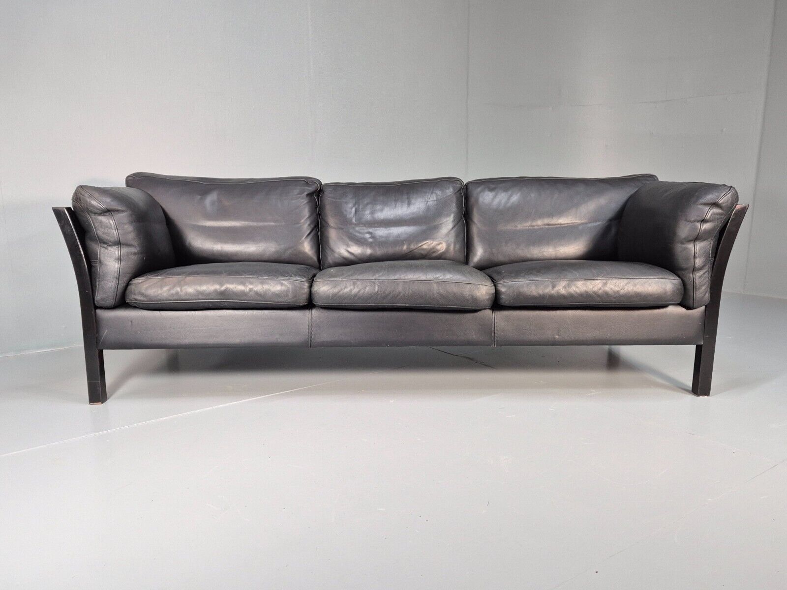 Vintage Danish 3 Seat Sofa Black leather Wood Frame Retro 1980s MCM EB8698 M3SS - UKDK FURNITURE