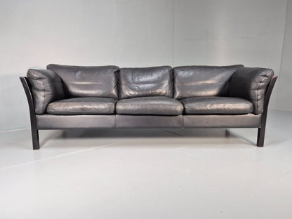 Vintage Danish 3 Seat Sofa Black leather Wood Frame Retro 1980s MCM EB8698 M3SS - UKDK FURNITURE