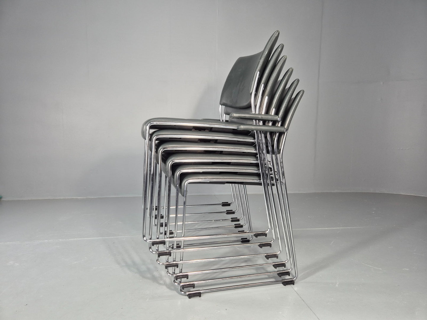 6 Leather Stacking Chairs Brunner Linos Dark Green Chrome Modern EB11735 MSTA7