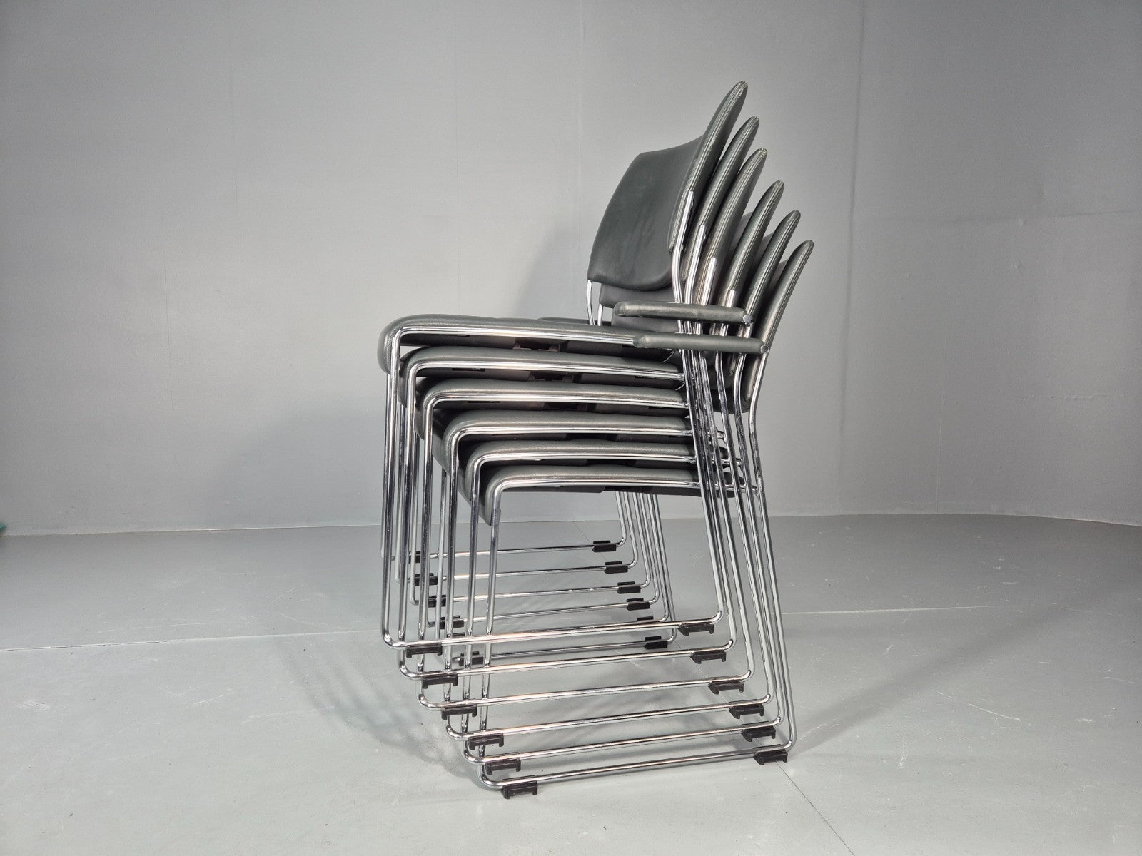 6 Leather Stacking Chairs Brunner Linos Dark Green Chrome Modern EB11735 MSTA7